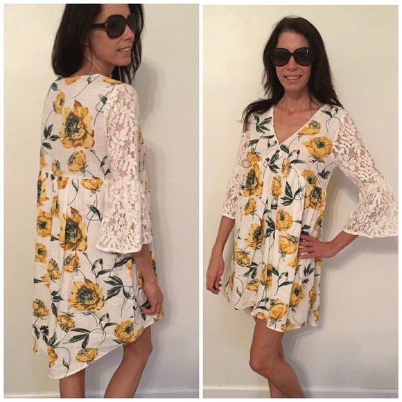 Ivory and Yellow Floral Lace Dress - Picture 2 of 2